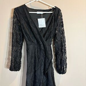 Black Lace Wrap Dress with Long Sleeves